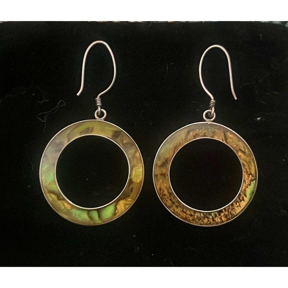 Sterling Silver Abalone Shell Circle Drop Earrings Iridescent Green Gold Hoop